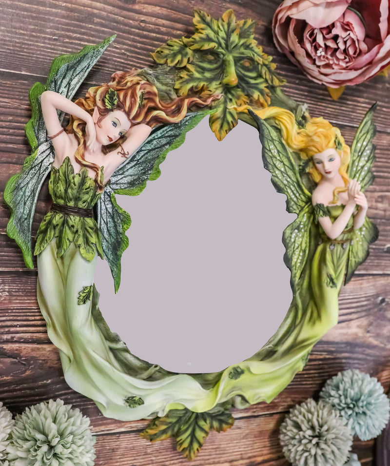 Blonde And Brunette Fairies In Enchanted Forest with Greenman Wall Mirror Decor