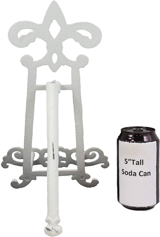 Ebros Cast Iron Rustic White Fleur De Lis Crown Scroll Art Base Easel Photo Book Stand