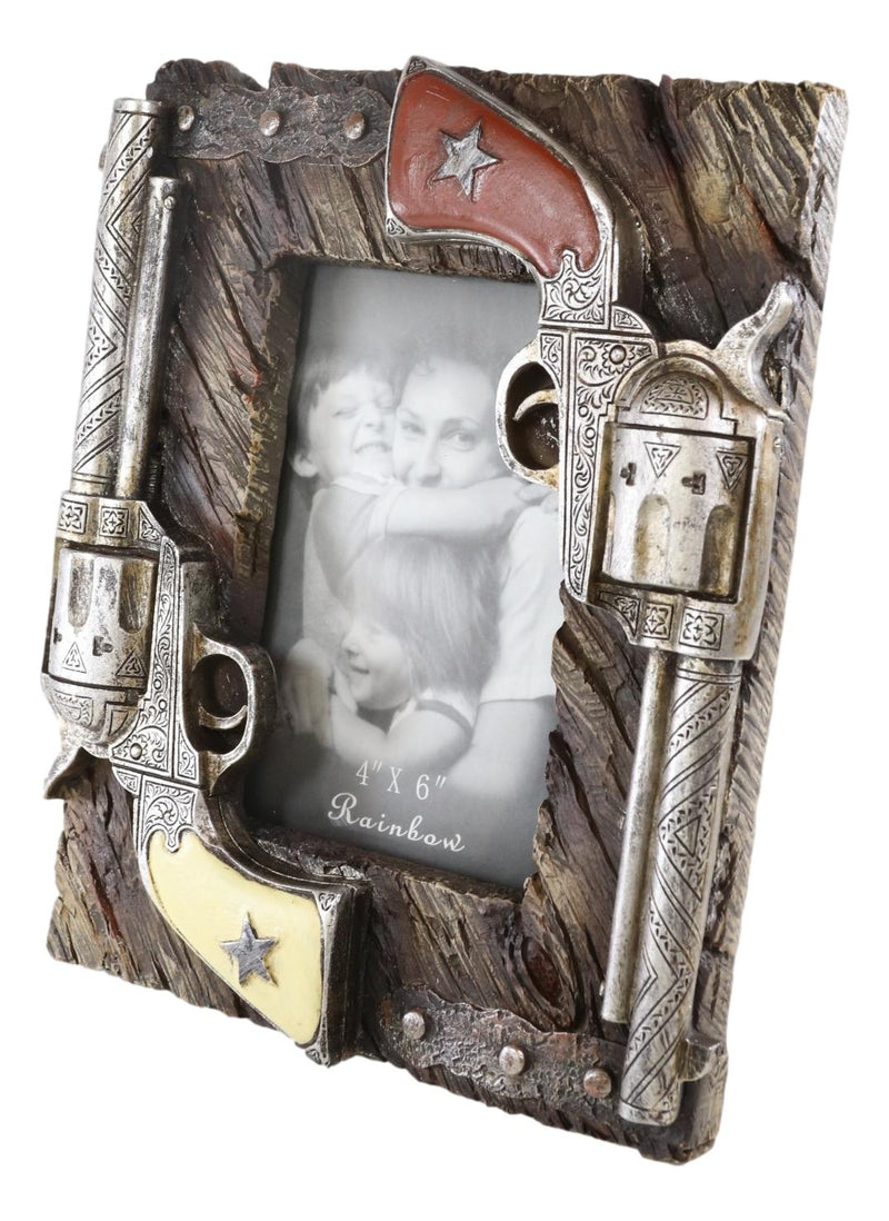 Western Outlaw Dual Pistol Revolvers Faux Barnwood Photo Picture Frame Decor 4X6