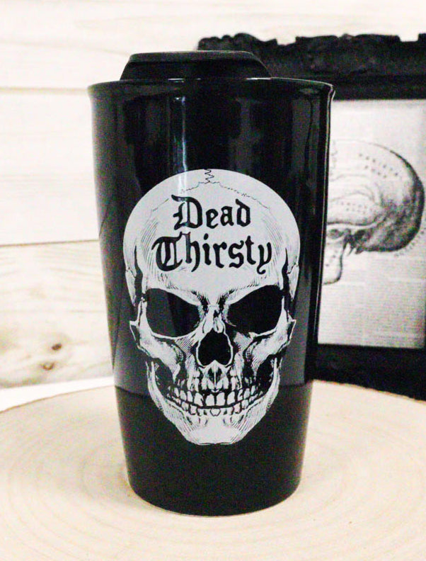 Ebros Gothic Macabre Dead Thirsty Sinister Skull Ceramic Travel Coffee Mug Cup W/ Lid - Ebros Gift