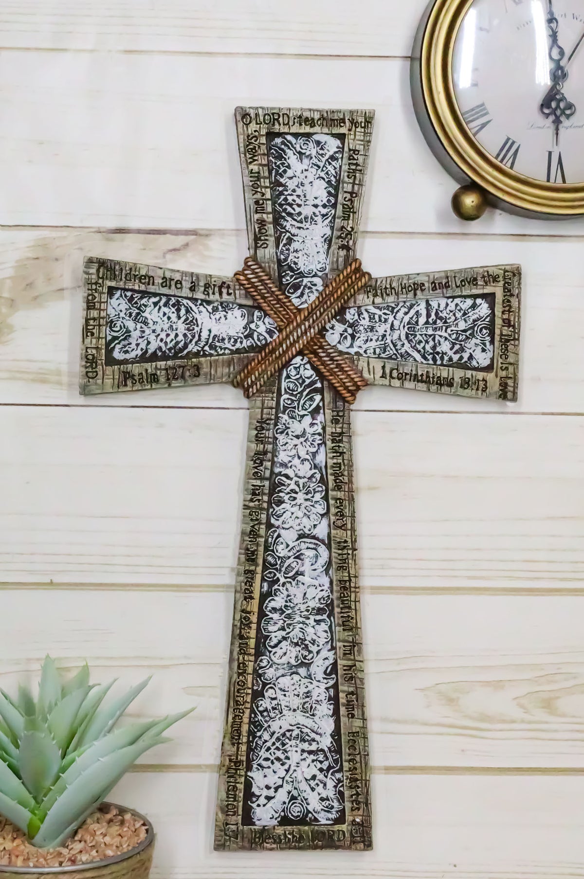 Rustic Holy Bible Scriptures Ornate White Lace Stencil Antiqued Wall Cross