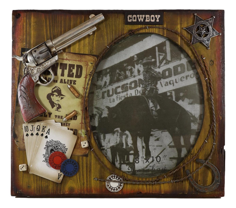 Rustic Western Cowboy Pistol Horseshoe Poker Cards Wooden 8"X10" Picture Frame