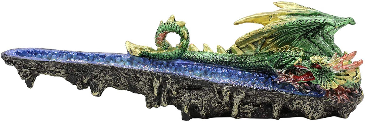 Ebros Green Jade Dragon Guarding Blue Quartz Crystal Quarry River Incense Burner - Ebros Gift