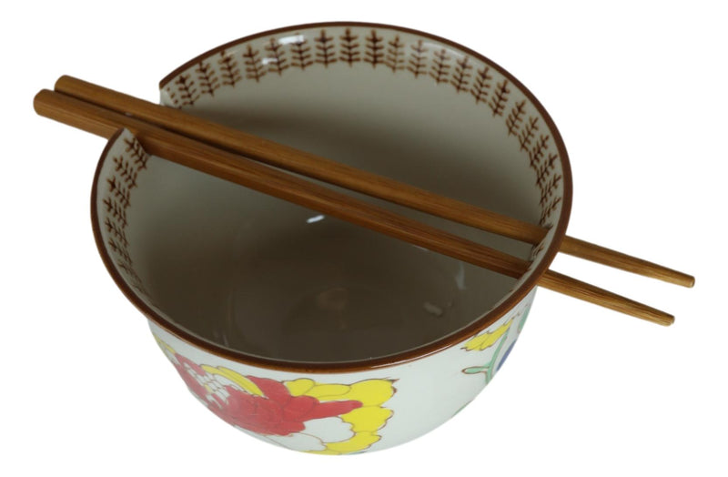 Japanese Design Ceramic Ramen Noodles Bowl & Chopsticks Set Spring Flower Bloom