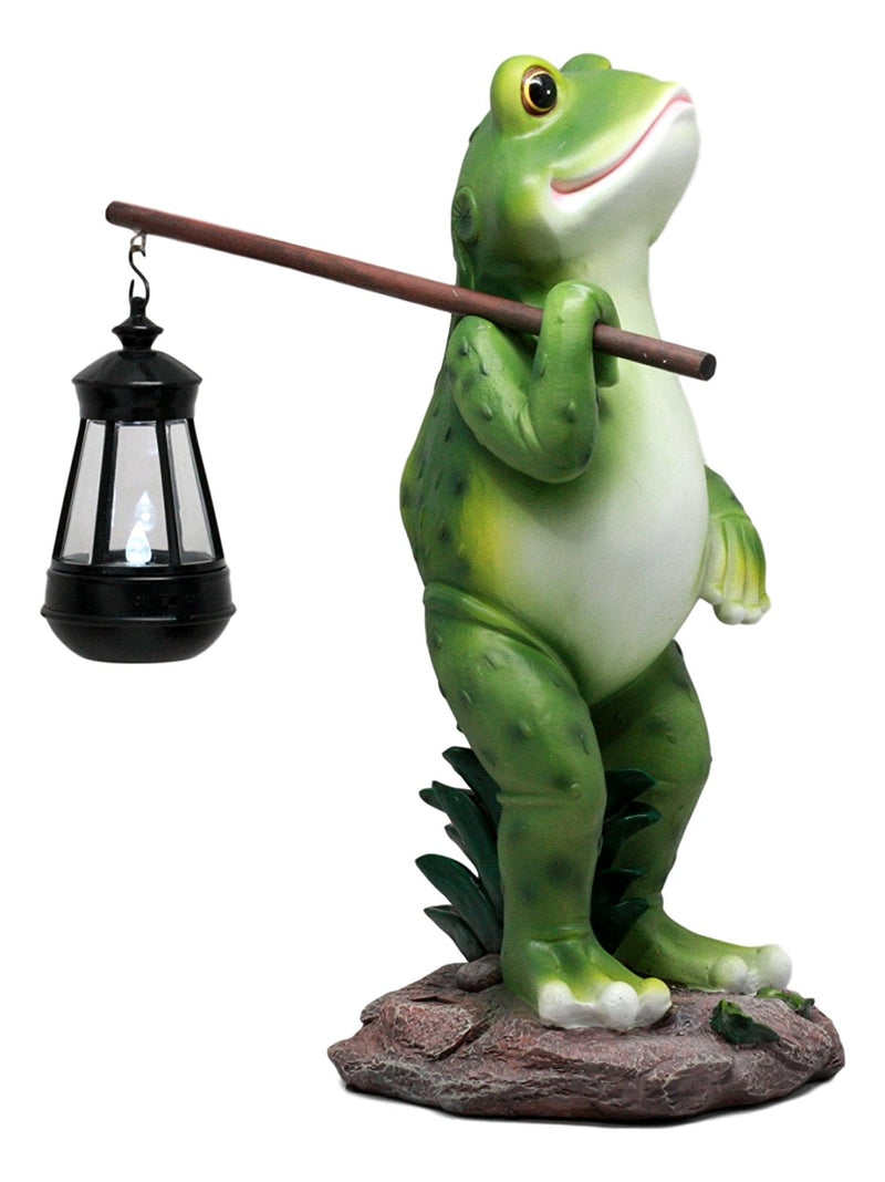 Ebros Blue Bayou Trails Hiking Frog Statue Holding Rod With Solar Powered Lantern LED