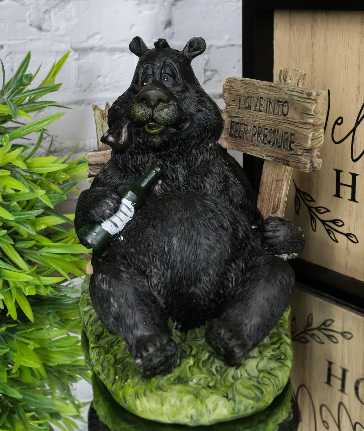 Rustic Western Forest Drunk Black Bear Smoking Pipe And Drinking Beer Figurine