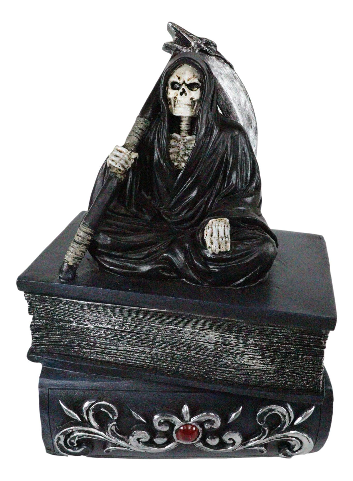 Ebros Macabre Grim Reaper With Scythe Sitting On Books Of Life Jewelry Box