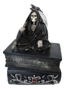 Ebros Macabre Grim Reaper With Scythe Sitting On Books Of Life Jewelry Box