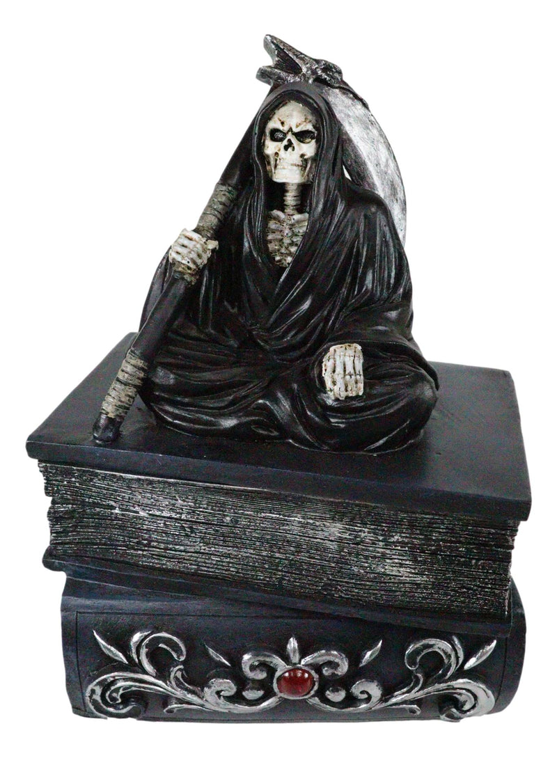 Ebros Macabre Grim Reaper With Scythe Sitting On Books Of Life Jewelry Box