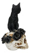 Gothic Black Feline Cat Sitting On Rose Vampire Skull Grimalkin's Ghost Figurine