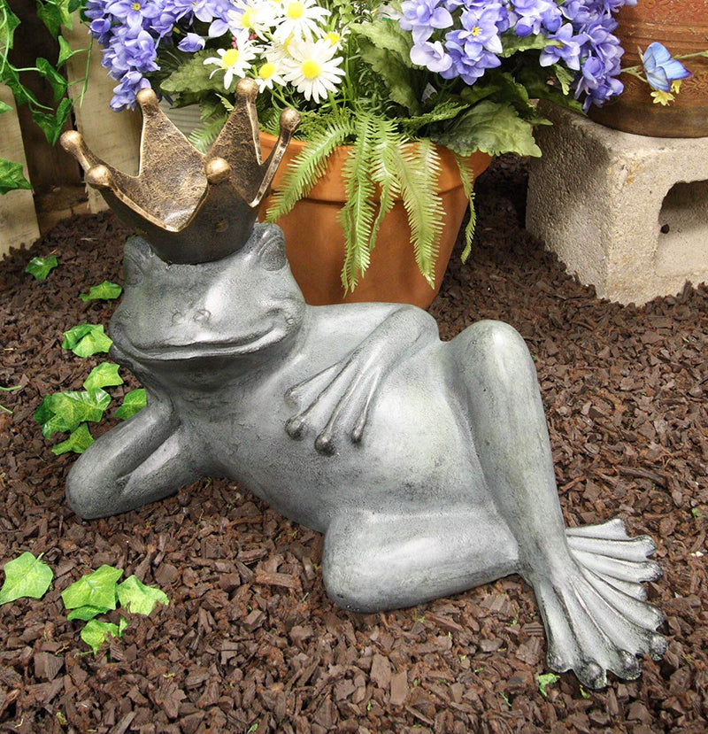 Ebros Large Aluminum Metal Whimsical Lazy Summer Dreamy Frog Prince Charming With Crown Garden Bird Feeder Statue 17.25" Long Guest Greeter Home Outdoor Patio Pool Deck Flower Bed Frogs Toads Figurine