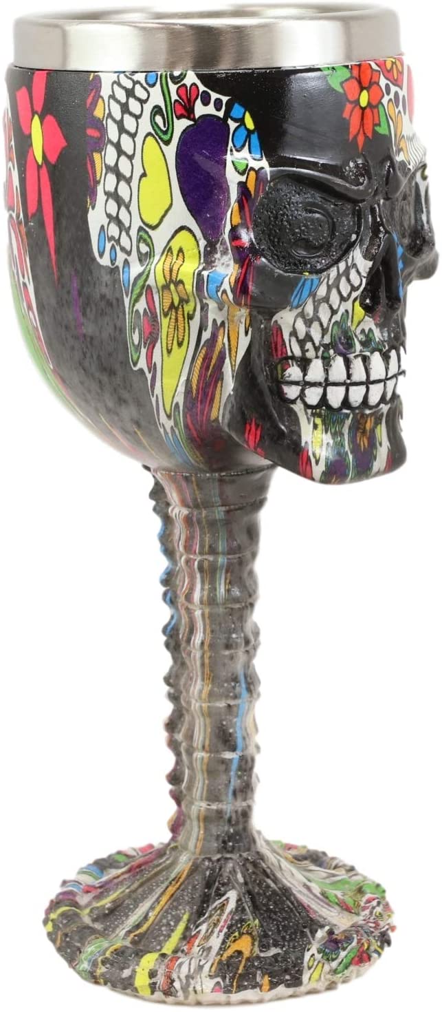 Ebros Black Floral Sugar Skull Wine Goblet Chalice Beverage Drinkware 7.25"H