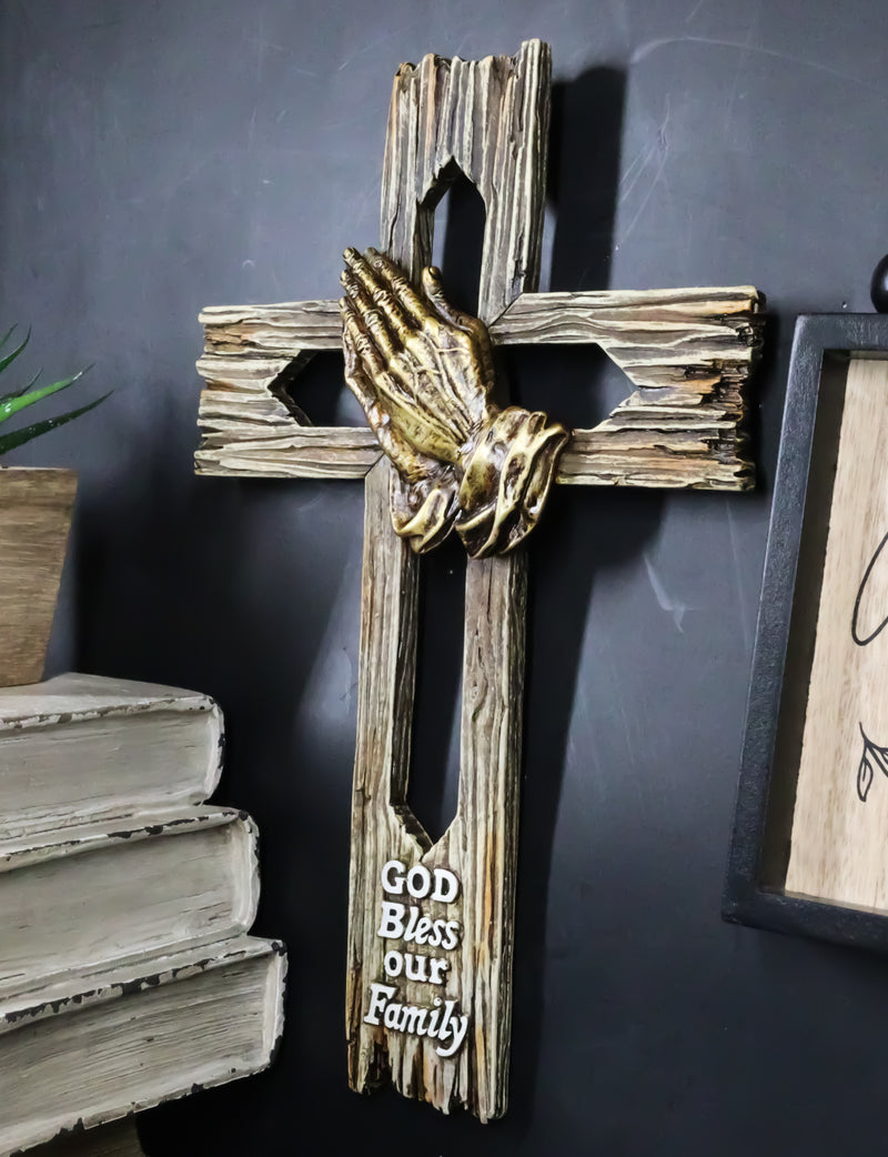 Rustic Western Faux Wooden God Bless Our Family Praying Hands Rugged Wall Cross