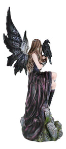 Necromancy Gothic Black Fairy With Raven Crow Sitting On Rock Figurine 15.25"H