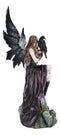 Necromancy Gothic Black Fairy With Raven Crow Sitting On Rock Figurine 15.25"H