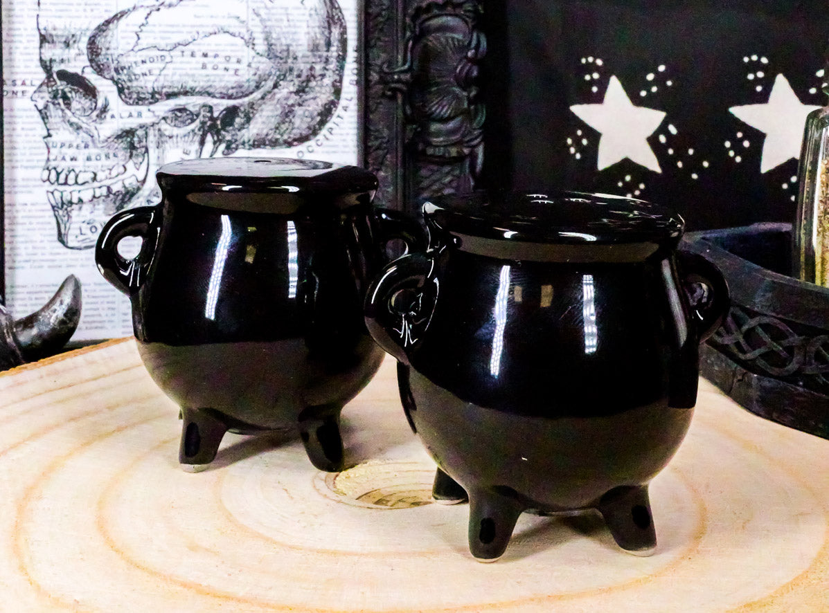 Ebros Halloween Witching Hour Witch Magic Black Cauldrons Salt N Pepper Shakers - Ebros Gift