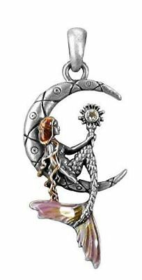 Ebros Pewter Mermaid Luna Sitting on Moon Pendant with Enameled Highlights - Ebros Gift