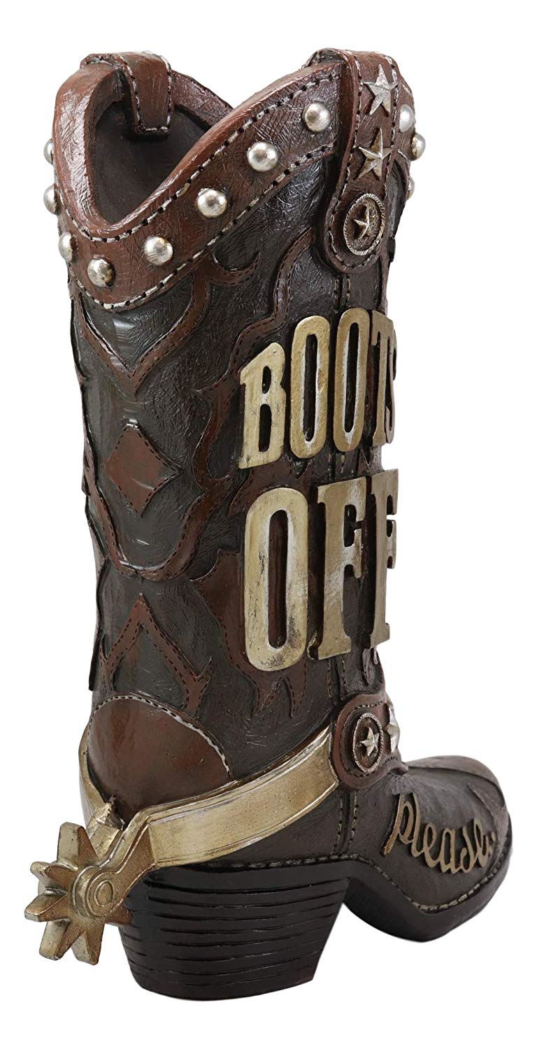 Ebros Gift 13" Tall Rustic Western Brown Cowboy Boot With Spur And Western Stars In Tooled Leather Design Decorative Figurine Courtesy Sign 'Boots Off Please' For Home Entrance Mudroom Backyard Patio