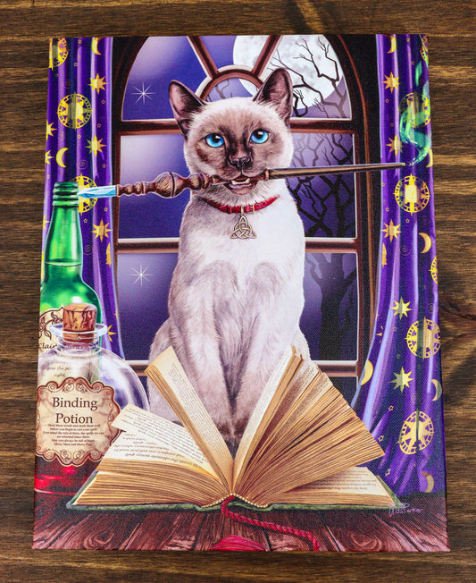 Witch Hocus Pocus Magic Wand Cat With Spellbook Wood Framed Canvas Wall Decor - Ebros Gift