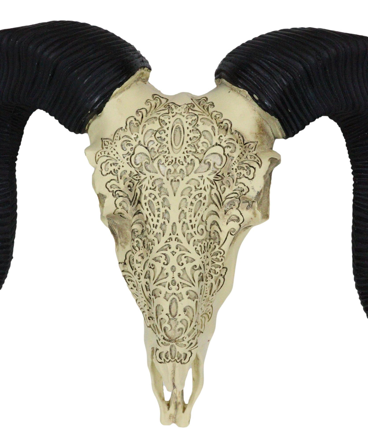 Tribal Floral Vines Tooled Filigree Corsican Ram Cow Skull Wall Decor Plaque 11"