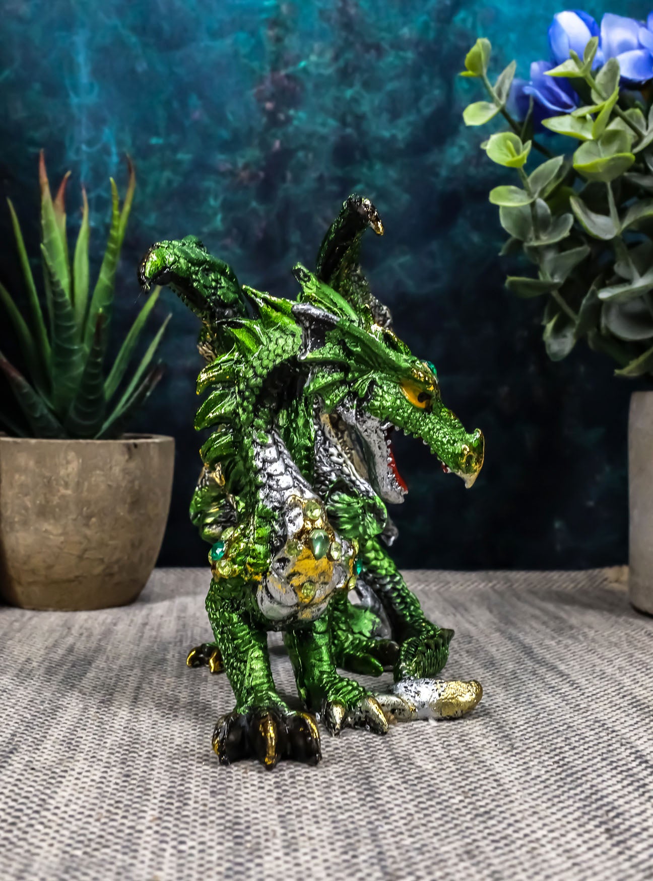 Ebros Metallic Green and Silver Crouching Emerald Dragon Statue