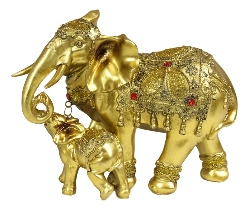 Noble Golden Decorated Elephant Embracing Calf Buddha Figurine Sculpture