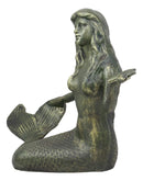 13"L Cast Iron Large Nautical Siren Mermaid Holding Starfish Verdi Green Statue