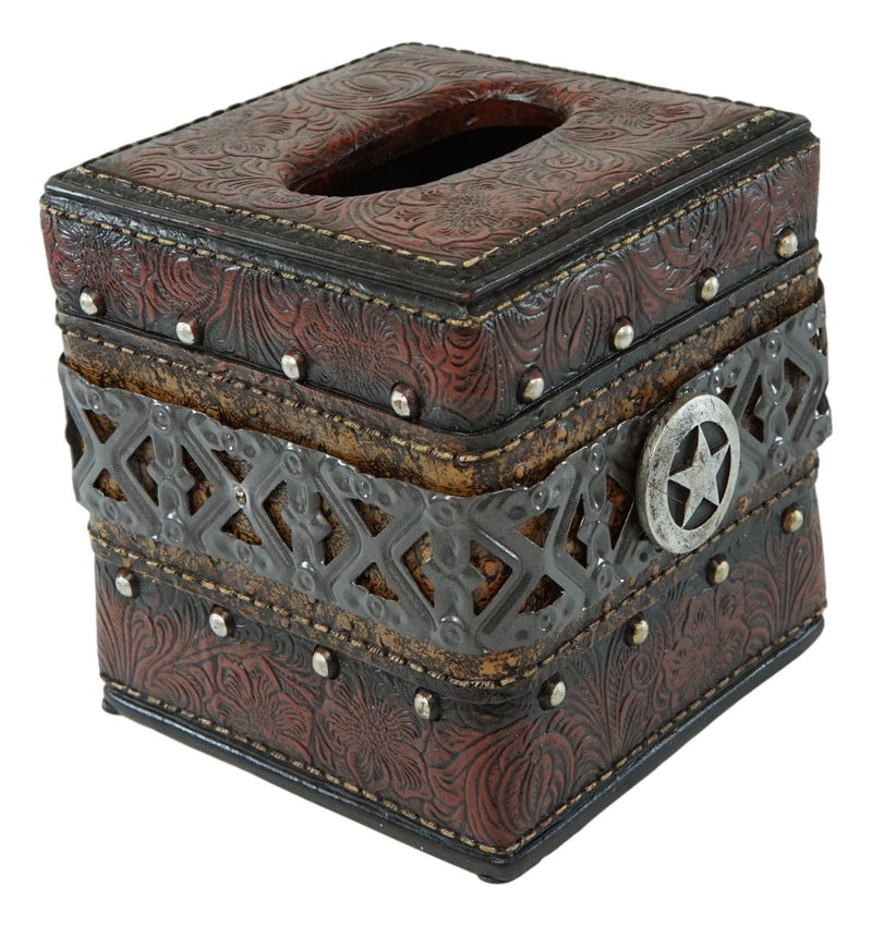 Rustic Wild Cowboy Western Star Faux Tooled Leather Bathroom Tissue Box Cover