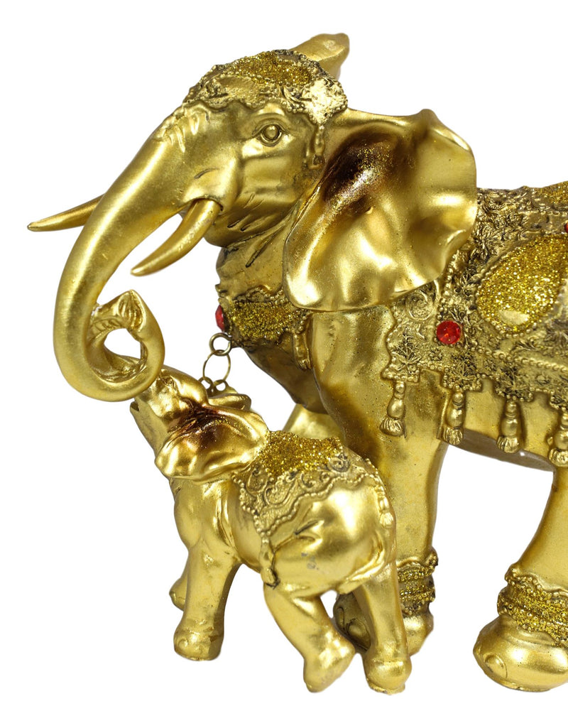 Noble Golden Decorated Elephant Embracing Calf Buddha Figurine Sculpture