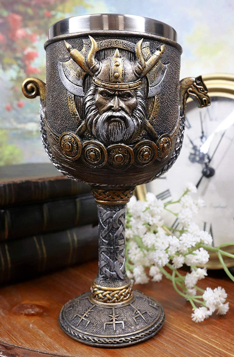 Ebros Odin Warlord Dragon Longship 7oz Resin Wine Goblet Chalice Steel Liner