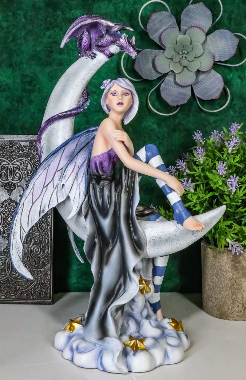 Ebros Gift Large Celestial Crescent Moon Fairy With Pet Dragon Figurine 13"H
