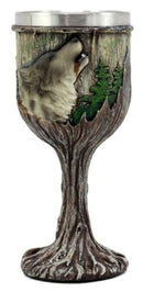 Mystical Howling Gray Wolf Wine Goblet Chalice Cup In Tree Bark & Roots Design