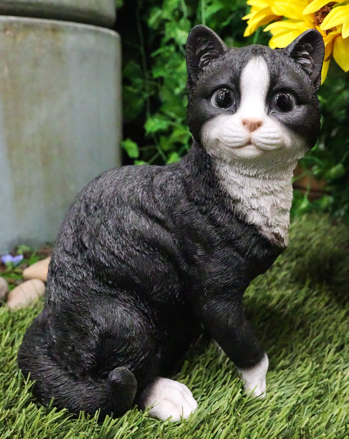 Ebros Lifelike Sitting Tuxedo Black and White Cat with Paw Up Statue 10.25" Tall Realistic Glass Eyes Hand Painted Feline Cats Kittens Kitties Animal Pet Sculpture Decor Figurine