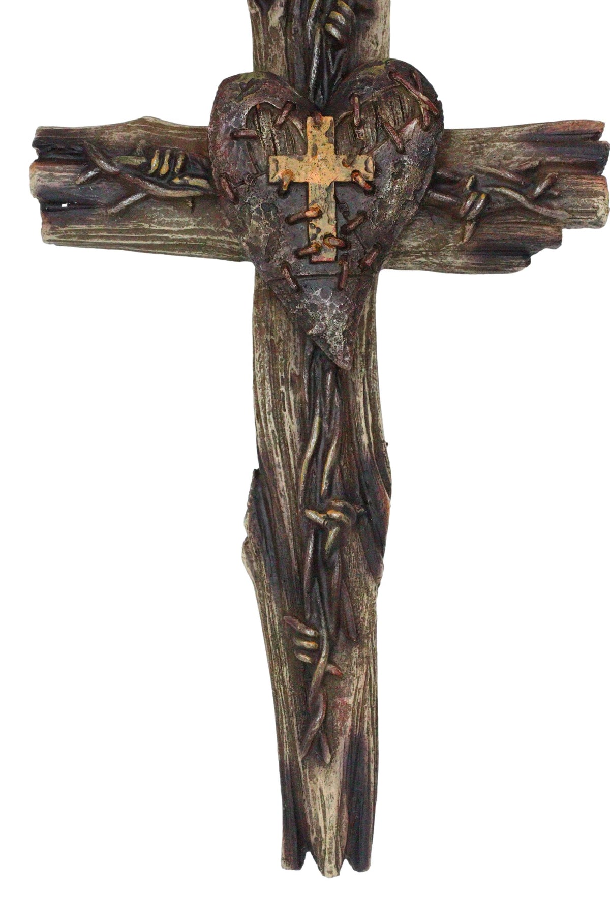 Rustic Western Distressed Faux Wooden Barbed Wires With Heart Plaque Wall Cross