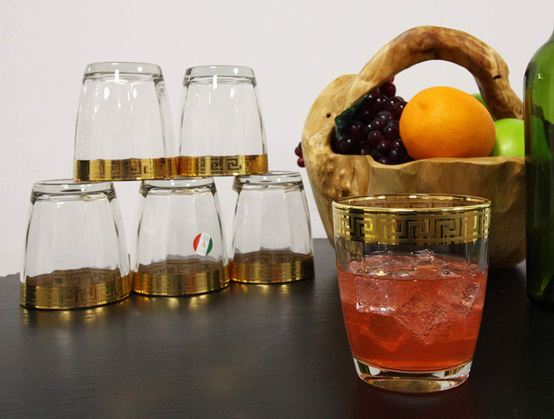 Ebros Set of 6 Italian Import Elegant DOF Double Old Fashioned Tumbler Glass With 14k Gold Plated Classical Greek Key Greca Border Rim Accent 12oz Bartending Cocktail Glassware Lowball Rocks Glasses