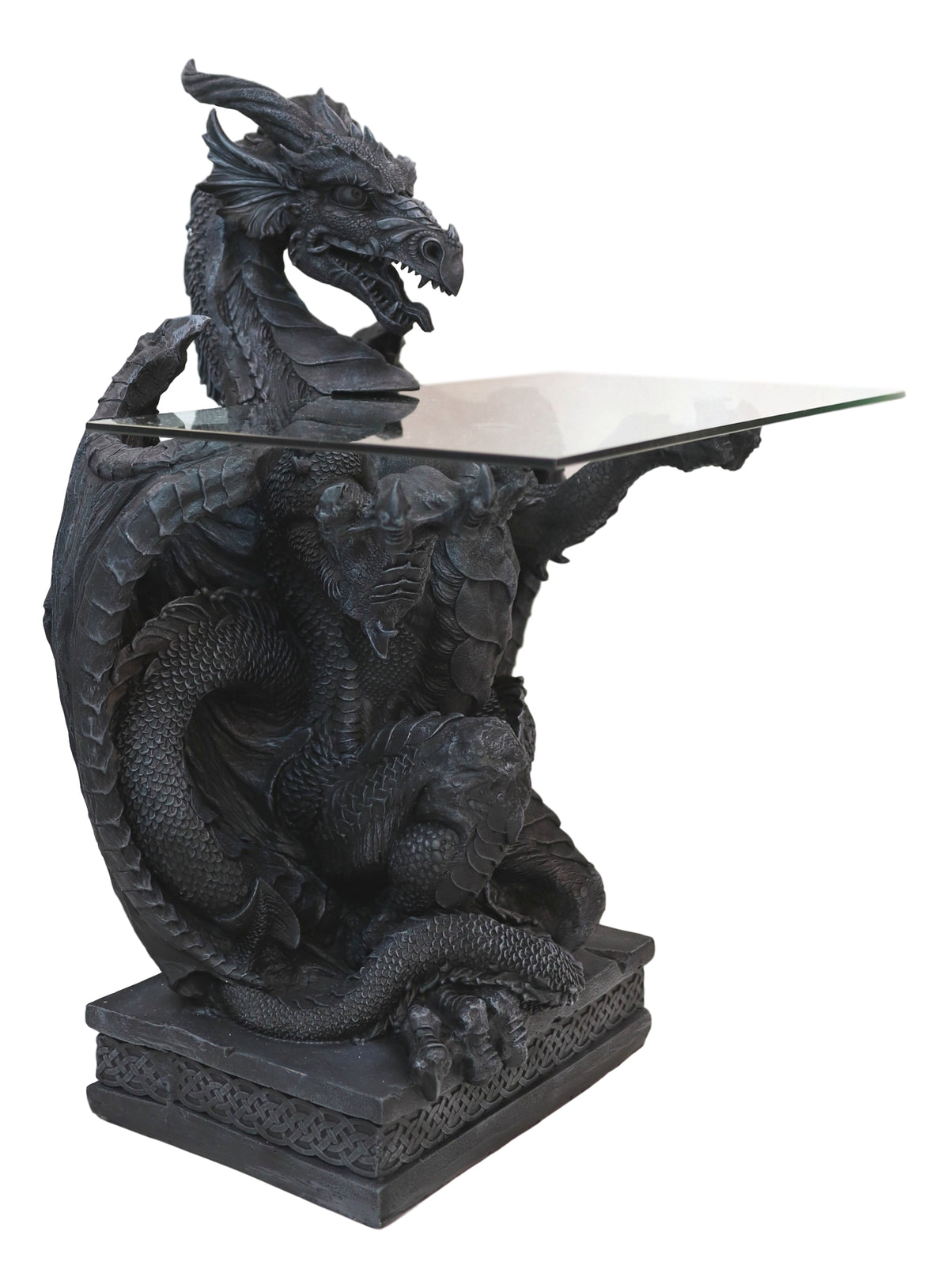Gothic Fantasy Butler Black Dragon Sculptural Glass Topped Side Table 33.5"H