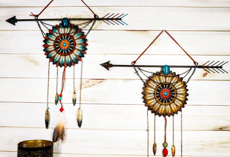 Pack Of 2 Southwestern Boho Chic Indian Arrow Dreamcatcher Feathers Wall Decors