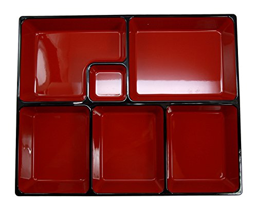 Ebros Gift Japanese 6 Compartments Bento Box Style Lacquered Plastic Serving or Display Platter Tray 11.5" by 9.25"