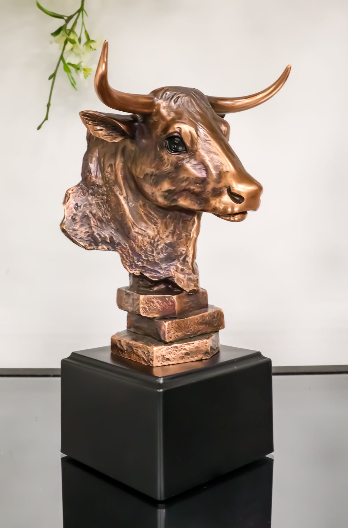 Wildlife Bull Bust Statue On Base Bronze Electroplated Figurine Stock Market