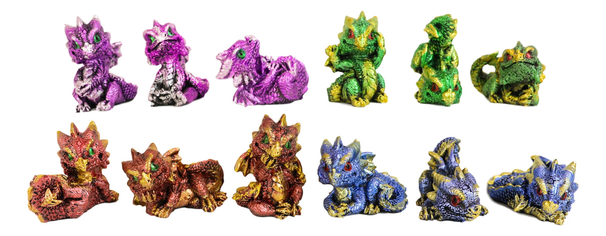 Set of 12 Metallic Red Green Purple Blue Baby Wyrmling Dragons Mini Figurines