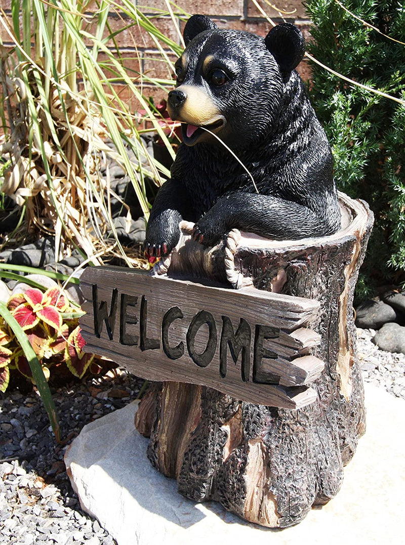 Ebros 13.5" Tall Welcome Sign Black Bear In Tree Bark Outdoor Decorative Statue - Ebros Gift