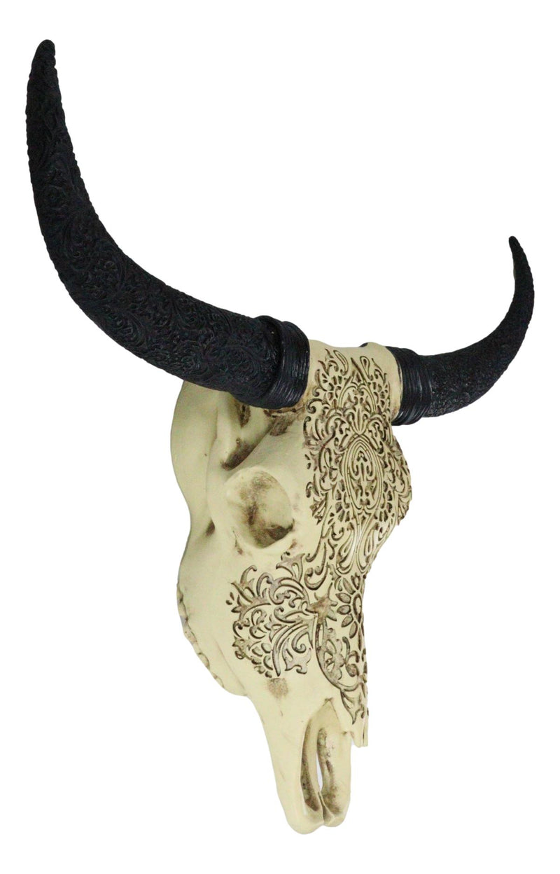 Tribal Floral Vines Tooled Bison Bull Cow Skull With Horns Wall Decor Plaque