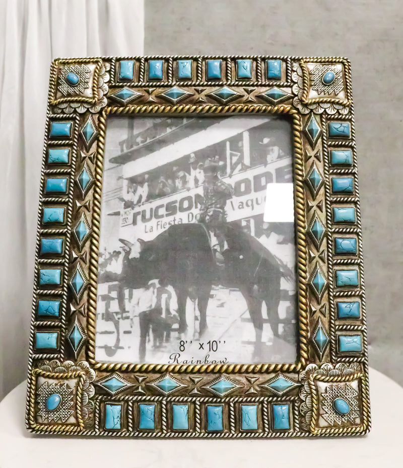 Rustic Western Turquoise Gems Geometric Patterns Ropes Picture Frame 8"X10"