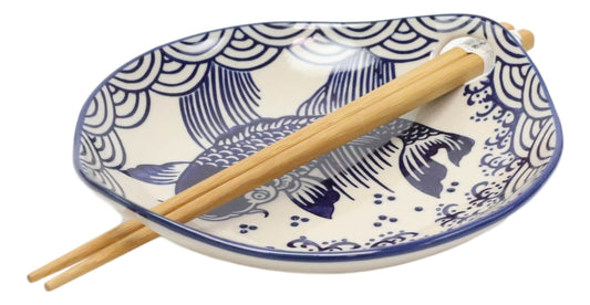 Blue White Koi Fish Small Appetizer Coupe Plate Flat Bowl With Chopsticks Set - Ebros Gift