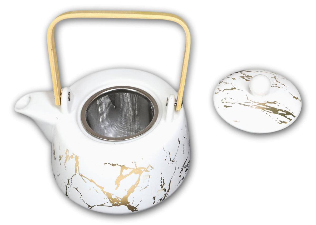 White Faux Marble With Gold Veins Ceramic Tea Pot And Cups With Tray Set For 4 - Ebros Gift
