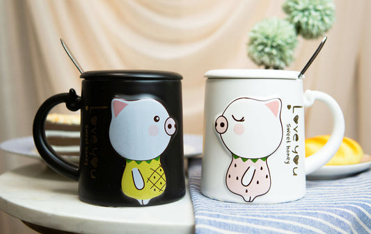 Ebros Pack Of 2 Valentines Love Pigs Black And White Coffee Mugs With Lid & Spoon 14oz - Ebros Gift