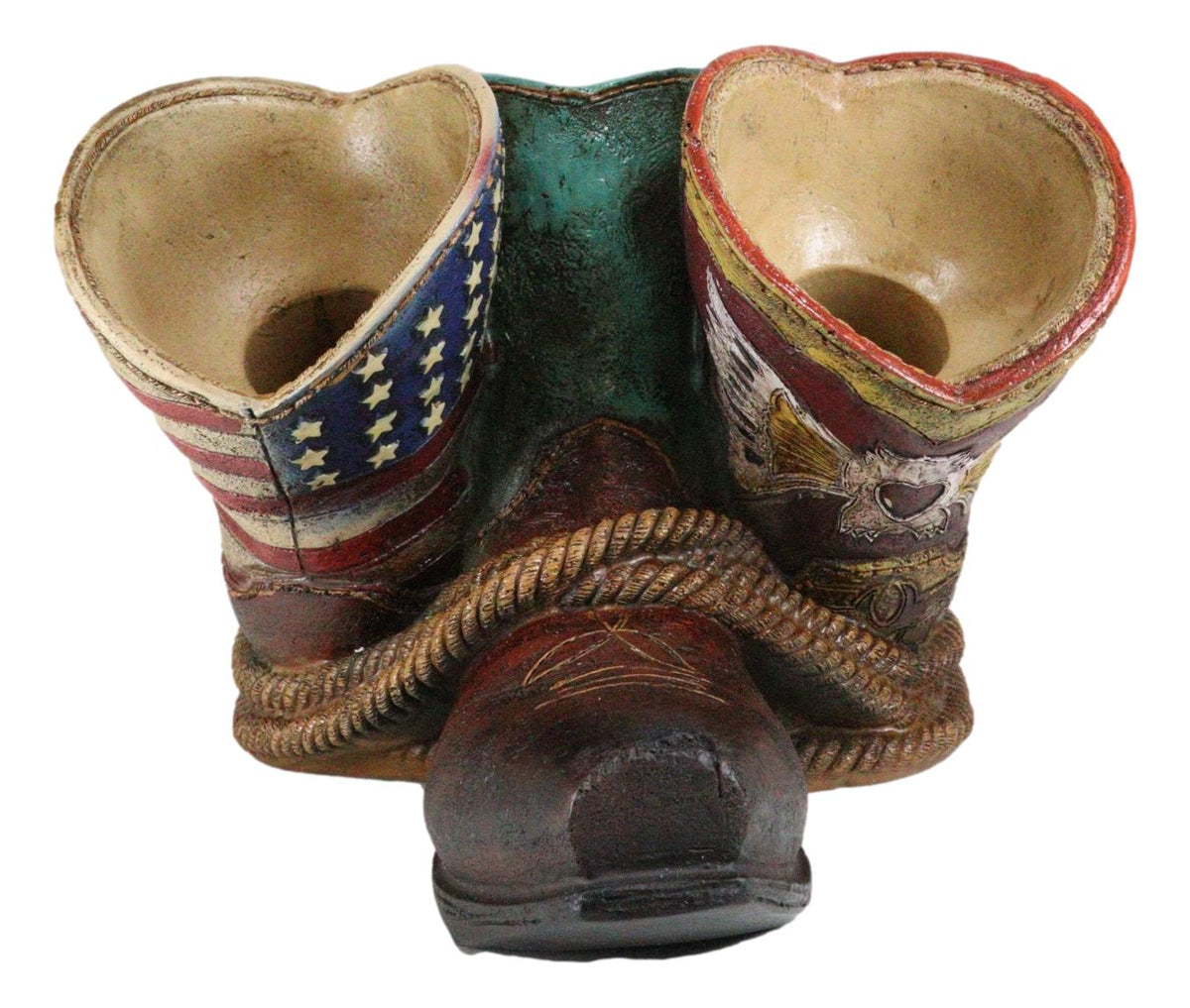 Western Patriotic American Flag Faux Tooled Leather Boots 3 Bottles Wine Holder