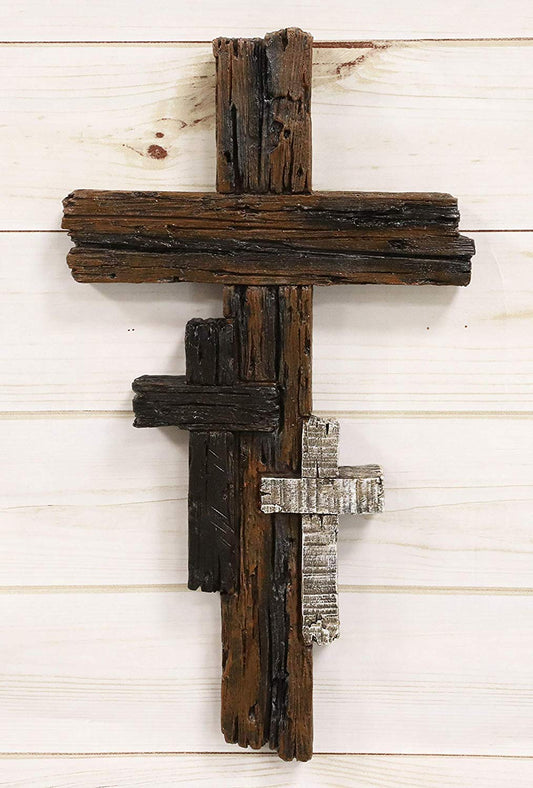 Ebros Rustic 3 Tone Faux Wood Walnut Birch Driftwood Color Wall Cross 16" Tall - Ebros Gift