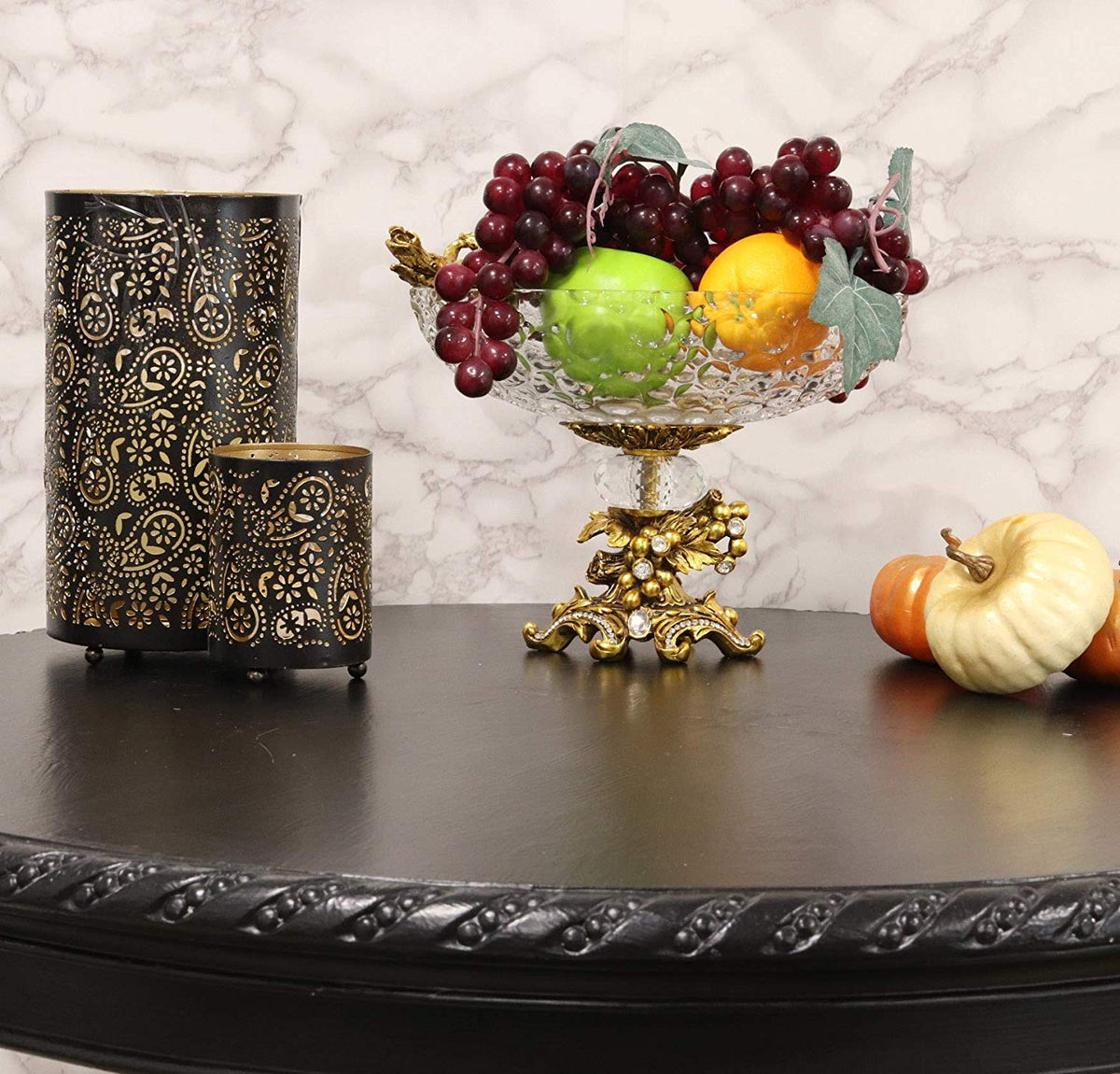 Ebros Gift Vintage Antique Baroque Design Oval Bowl Acrylic Glass Dish 11" Wide Dessert Fruits Footed Platter Stand with Electroplated Gold Vineyard Base Sculpture and Austrian Crystals Centerpiece - Ebros Gift