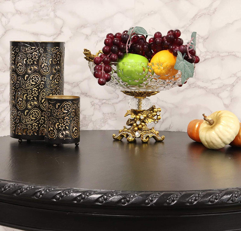 Ebros Gift Vintage Antique Baroque Design Oval Bowl Acrylic Glass Dish 11" Wide Dessert Fruits Footed Platter Stand with Electroplated Gold Vineyard Base Sculpture and Austrian Crystals Centerpiece